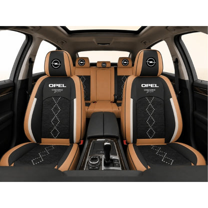 Set Huse Scaune piele ecologică perforată și textil pentru Opel, Deluxe Maro Caramel