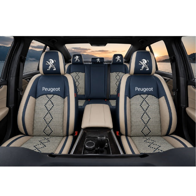 Set Huse Scaune piele ecologică perforată și textil pentru Peugeot, Deluxe Albastru/Alb