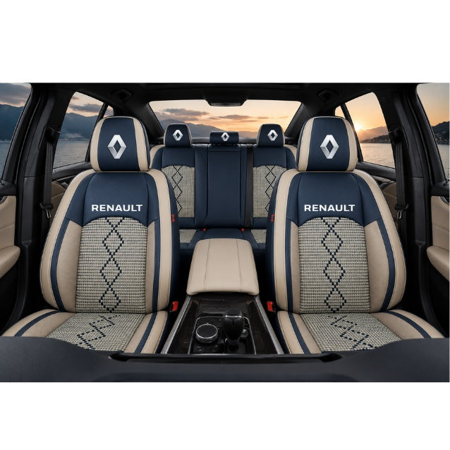 Set Huse Scaune piele ecologică perforată și textil pentru Renault, Deluxe Albastru/Alb