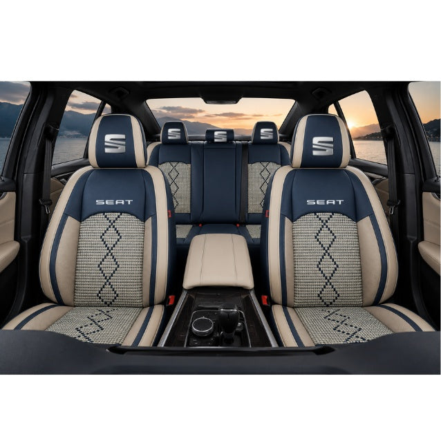 Set Huse Scaune piele ecologică perforată și textil pentru Seat, Deluxe Albastru/Alb
