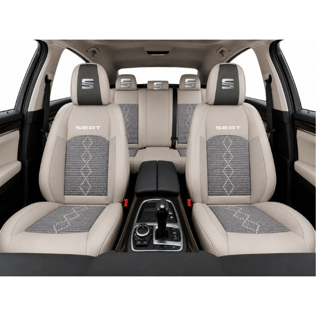 Set Huse Scaune piele ecologică perforată și textil pentru Seat, Deluxe Gri inchis cu Gri deschis