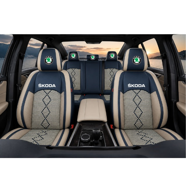 Set Huse Scaune piele ecologică perforată și textil pentru Skoda, Deluxe Albastru/Alb