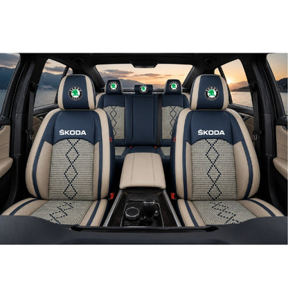 Set Huse Scaune piele ecologică perforată și textil pentru Skoda, Deluxe Albastru/Alb
