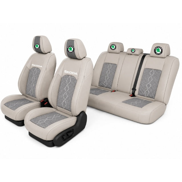 Set Huse Scaune piele ecologică perforată și textil pentru Skoda, Deluxe Gri inchis cu Gri deschis