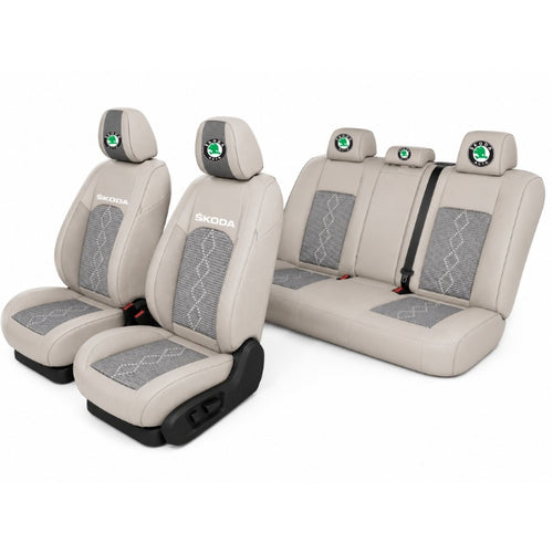 Set Huse Scaune piele ecologică perforată și textil pentru Skoda, Deluxe Gri inchis cu Gri deschis