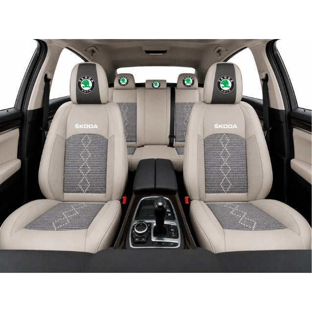Set Huse Scaune piele ecologică perforată și textil pentru Skoda, Deluxe Gri inchis cu Gri deschis