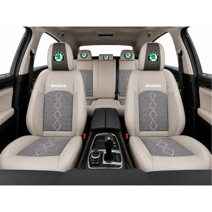 Set Huse Scaune piele ecologică perforată și textil pentru Skoda, Deluxe Gri inchis cu Gri deschis