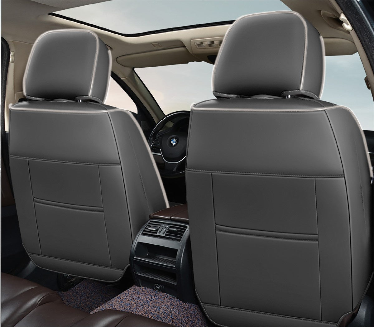 Set Huse Scaune piele ecologică perforată și textil pentru Skoda, Deluxe Gri inchis cu Gri deschis