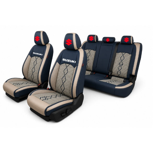 Set Huse Scaune piele ecologică perforată și textil pentru Suzuki, Deluxe Albastru/Alb