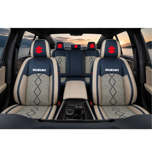 Set Huse Scaune piele ecologică perforată și textil pentru Suzuki, Deluxe Albastru/Alb