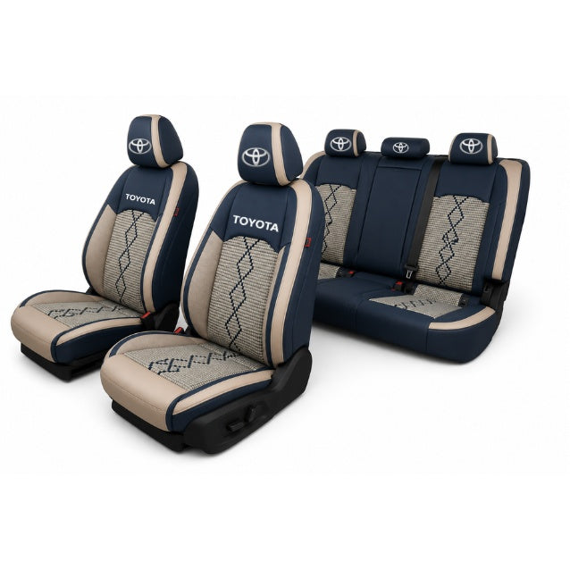 Set Huse Scaune piele ecologică perforată și textil pentru Toyota, Deluxe Albastru/Alb