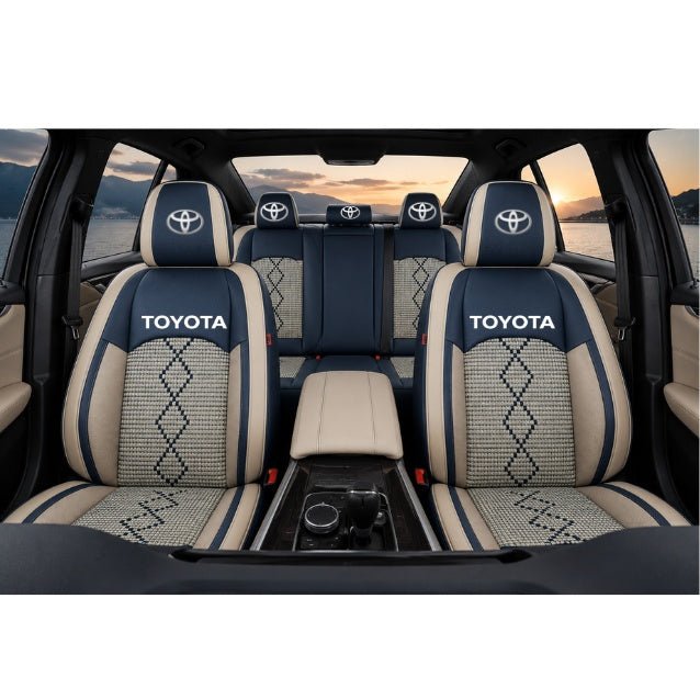 Set Huse Scaune piele ecologică perforată și textil pentru Toyota, Deluxe Albastru/Alb