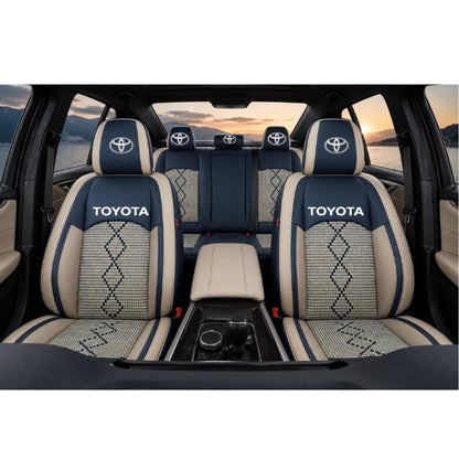 Set Huse Scaune piele ecologică perforată și textil pentru Toyota, Deluxe Albastru/Alb