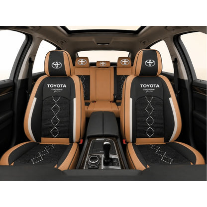 Set Huse Scaune piele ecologică perforată și textil pentru Toyota, Deluxe Maro Caramel