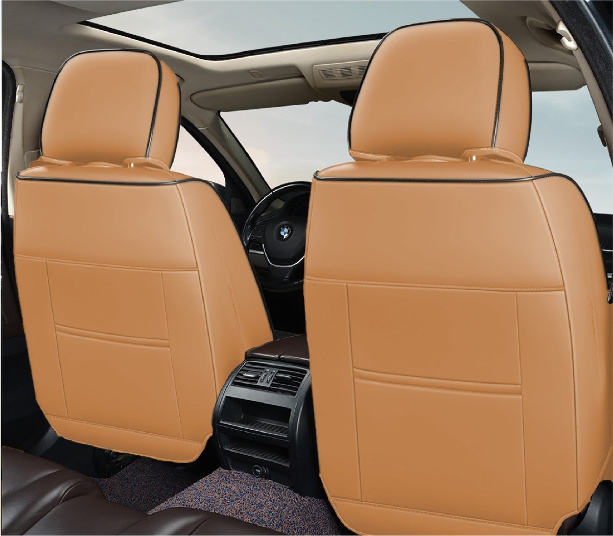 Set Huse Scaune piele ecologică perforată și textil pentru Toyota, Deluxe Maro Caramel