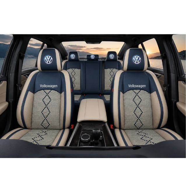 Set Huse Scaune piele ecologică perforată și textil pentru Volkswagen, Deluxe Albastru/Alb
