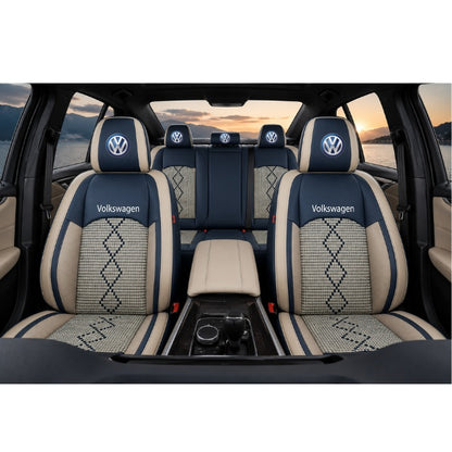 Set Huse Scaune piele ecologică perforată și textil pentru Volkswagen, Deluxe Albastru/Alb
