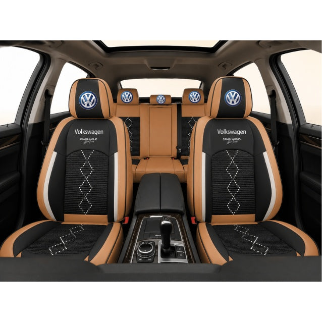 Set Huse Scaune piele ecologică perforată și textil pentru Volkswagen, Deluxe Maro Caramel