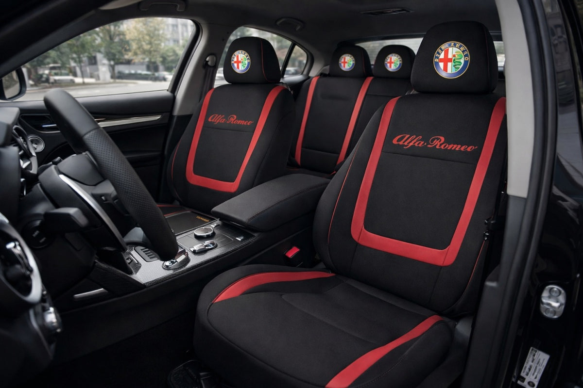 Set Huse Scaune Universale Compatibile cu Alfa Romeo – Negru/Rosu