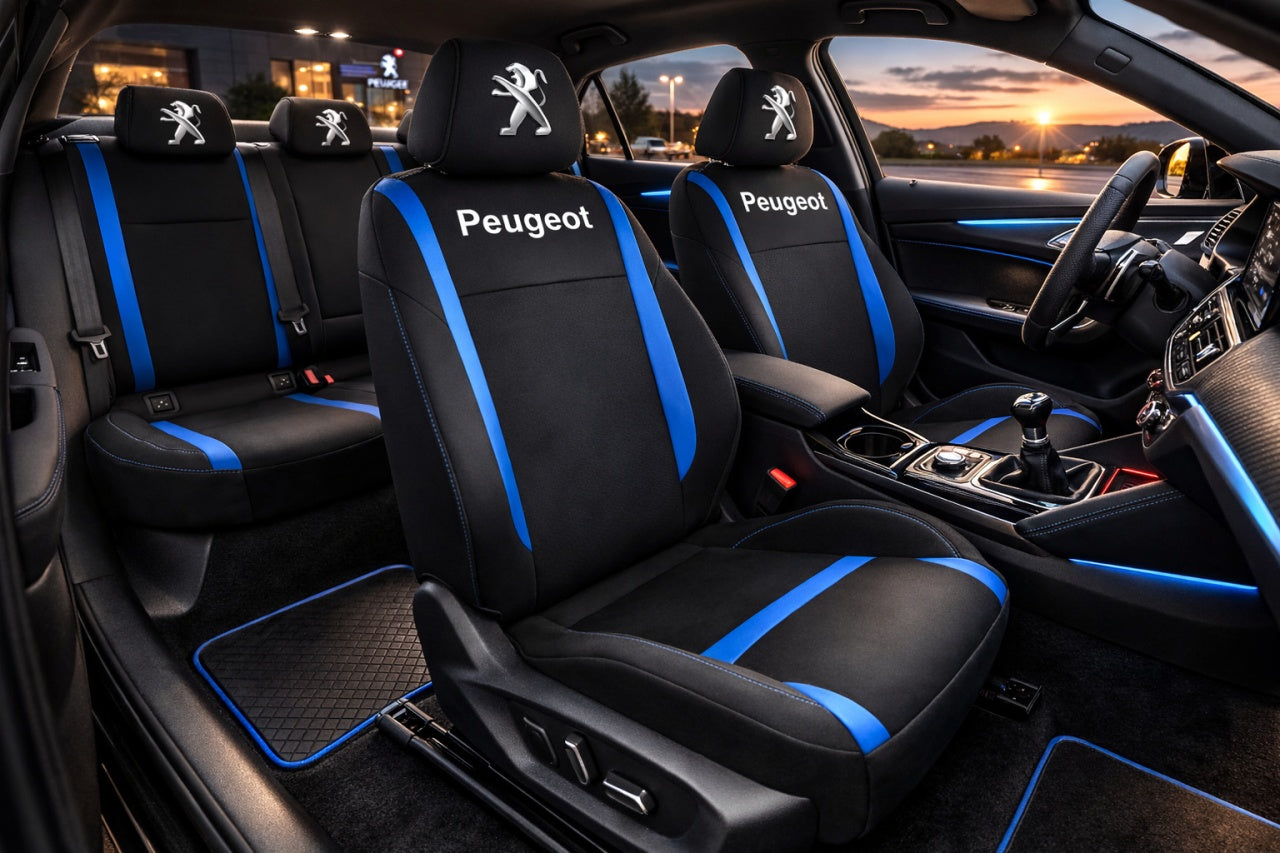 Set Huse Scaune Universale Compatibile cu Peugeot– Negru/Albastru