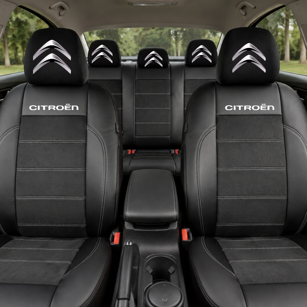 Set Huse Scaune Universale Din Piele Ecologică Si Alcantara Personalizate Cu Citroen, Negre