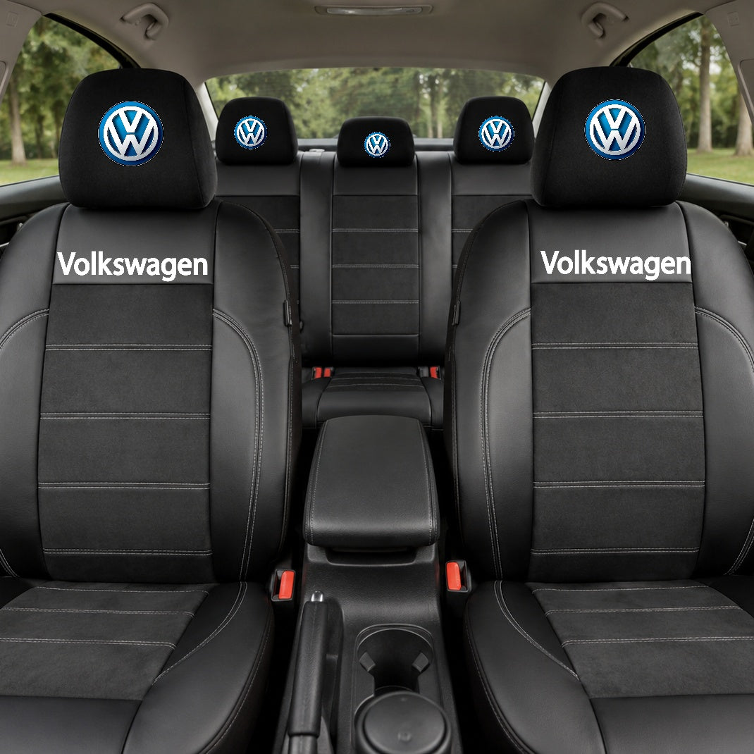 Set Huse Scaune Universale Din Piele Ecologică Si Alcantara Personalizate Cu Volkswagen, Negre