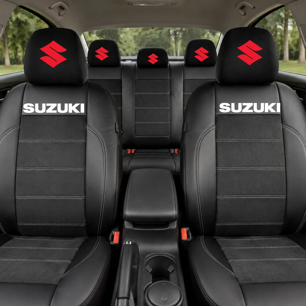 Set Huse Scaune Universale Din Piele Ecologică Si Alcantara Personalizate Cu Suzuki, Negre