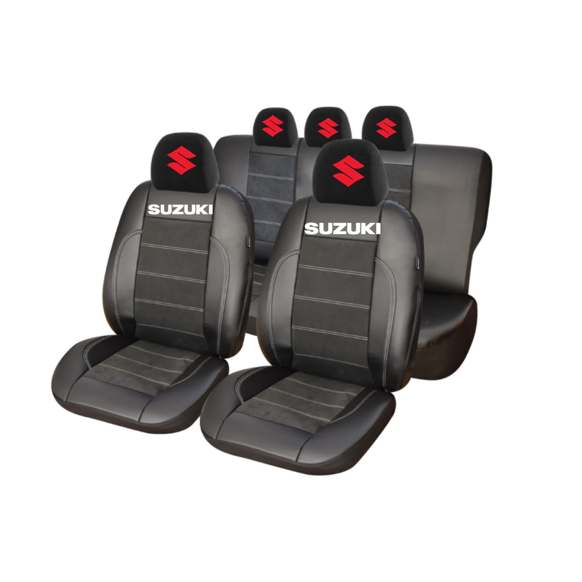 Set Huse Scaune Universale Din Piele Ecologică Si Alcantara Personalizate Cu Suzuki, Negre