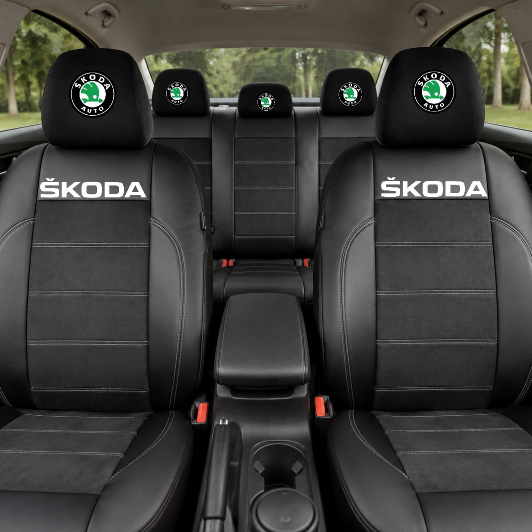 Set Huse Scaune Universale Din Piele Ecologică Si Alcantara Personalizate Cu Skoda, Negre
