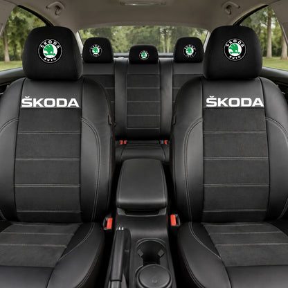 Set Huse Scaune Universale Din Piele Ecologică Si Alcantara Personalizate Cu Skoda, Negre