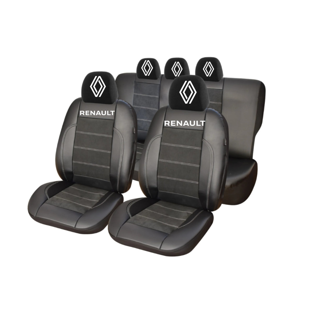 Set Huse Scaune Universale Din Piele Ecologică Si Alcantara Personalizate Cu Renault Nou, Negre