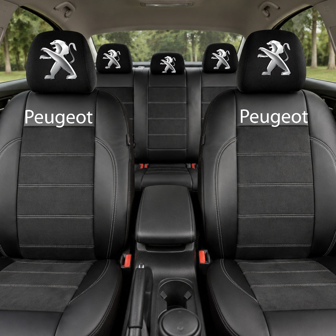 Set Huse Scaune Universale Din Piele Ecologică Si Alcantara Personalizate Cu Peugeot, Negre