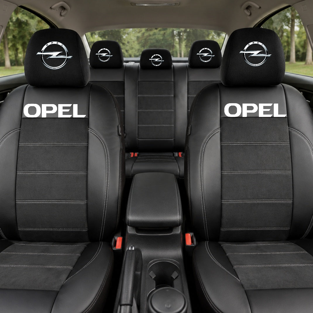 Set Huse Scaune Universale Din Piele Ecologică Si Alcantara Personalizate Cu Opel, Negre