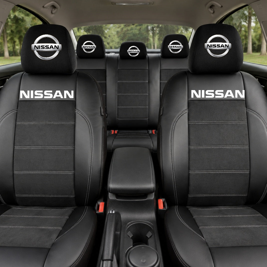 Set Huse Scaune Universale Din Piele Ecologică Si Alcantara Personalizate Cu Nissan, Negre
