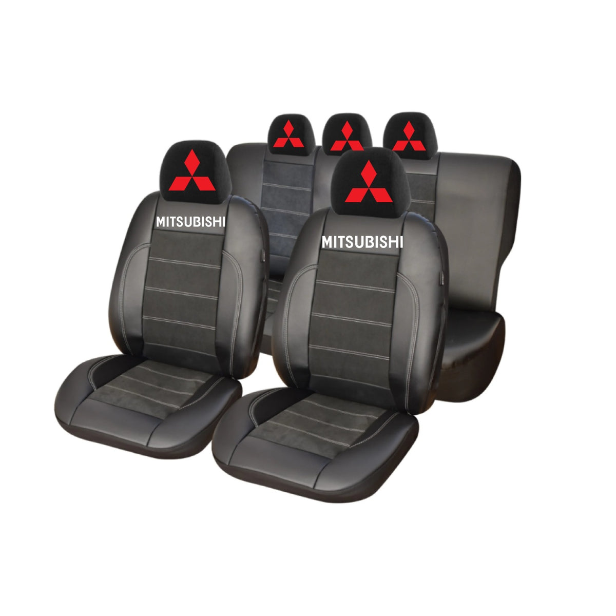 Set Huse Scaune Universale Din Piele Ecologică Si Alcantara Personalizate Cu Mitsubishi, Negre