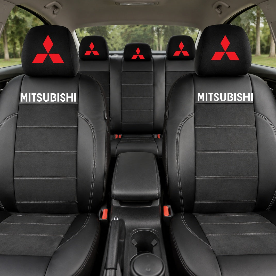 Set Huse Scaune Universale Din Piele Ecologică Si Alcantara Personalizate Cu Mitsubishi, Negre