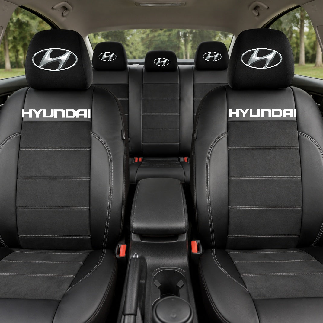 Set Huse Scaune Universale Din Piele Ecologică Si Alcantara Personalizate Cu Hyundai, Negre