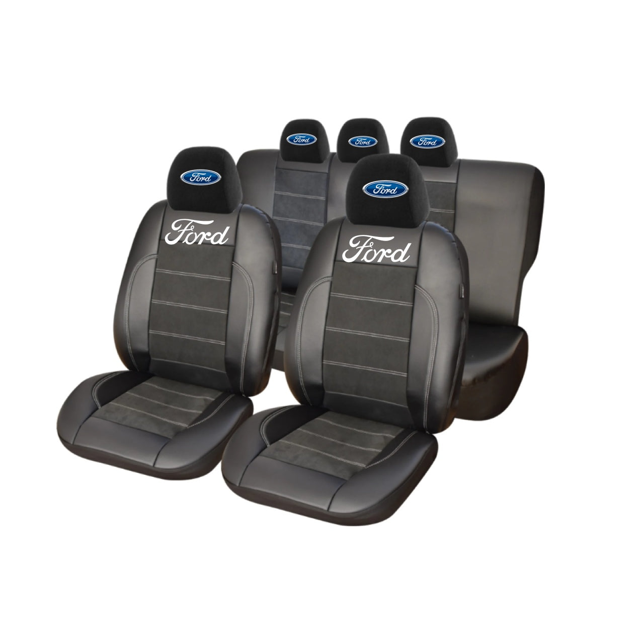 Set Huse Scaune Universale Din Piele Ecologică Si Alcantara Personalizate Cu Ford, Negre