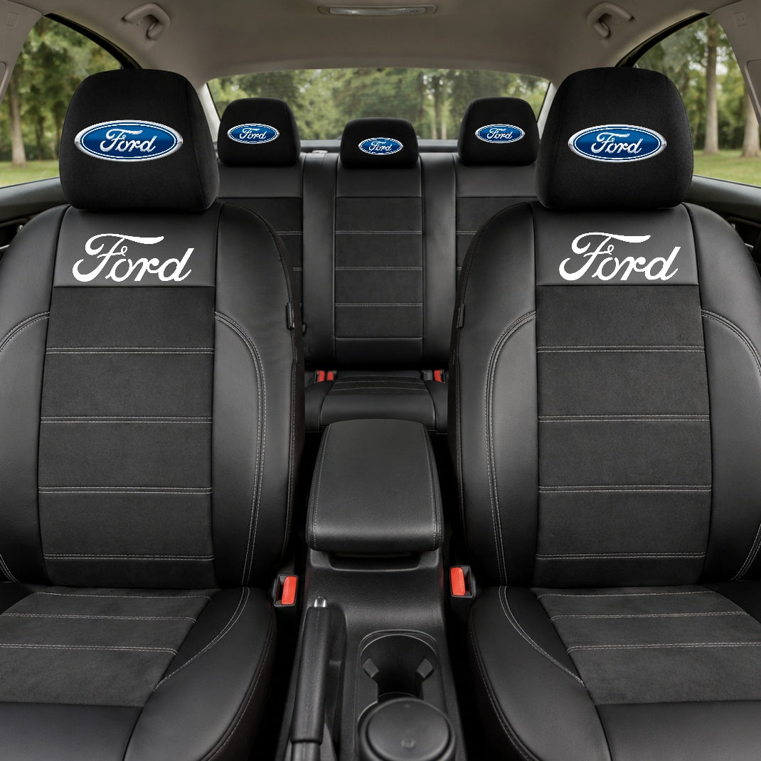 Set Huse Scaune Universale Din Piele Ecologică Si Alcantara Personalizate Cu Ford, Negre