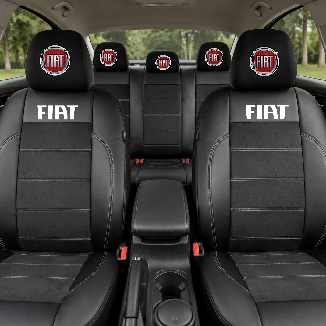 Set Huse Scaune Universale Din Piele Ecologică Si Alcantara Personalizate Cu Fiat, Negre