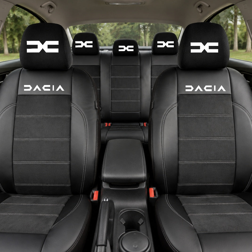 Set Huse Scaune Universale Din Piele Ecologică Si Alcantara Personalizate Cu Dacia Nou, Negre