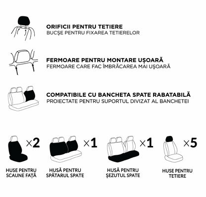 Set Huse Scaune Universale HLX2 Compatibile cu Nissan NOU – Negru/Gri