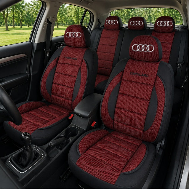Set Huse Scaune Universale Premium Carguard Personalizate cu Audi – Negru/Visiniu