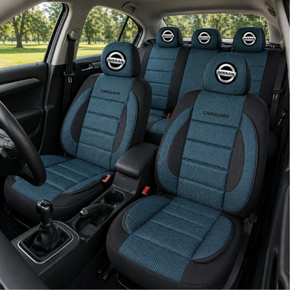 Set Huse Scaune Universale Premium Carguard Personalizate cu Nissan – Negru/Albastru
