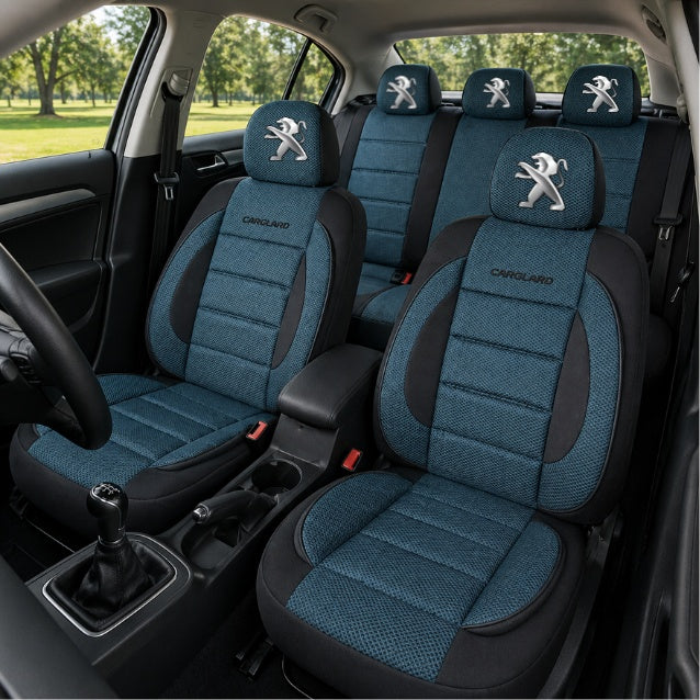 Set Huse Scaune Universale Premium Carguard Personalizate cu Peugeot – Negru/Albastru
