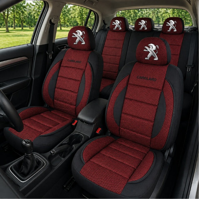 Set Huse Scaune Universale Premium Carguard Personalizate cu Peugeot – Negru/Visiniu