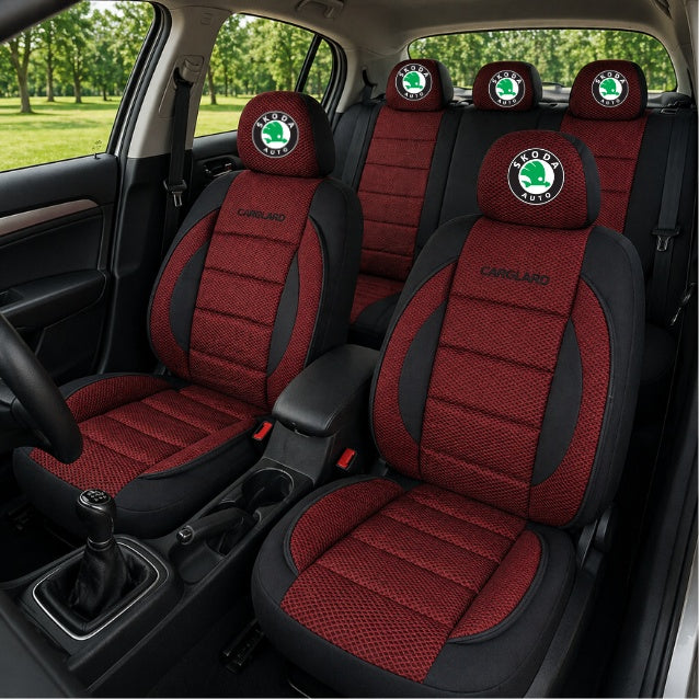 Set Huse Scaune Universale Premium Carguard Personalizate cu Skoda – Negru/Visiniu