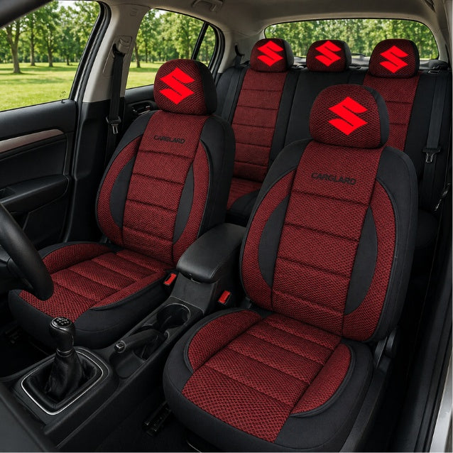 Set Huse Scaune Universale Premium Carguard Personalizate cu Suzuki – Negru/Visiniu