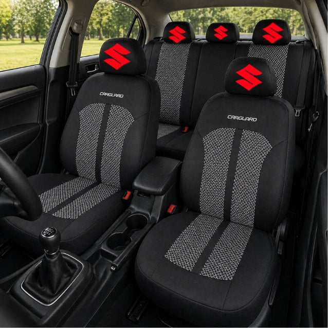 Set Huse Scaune Universale Premium Carguard Personalizate cu Suzuki – Negru/Gri