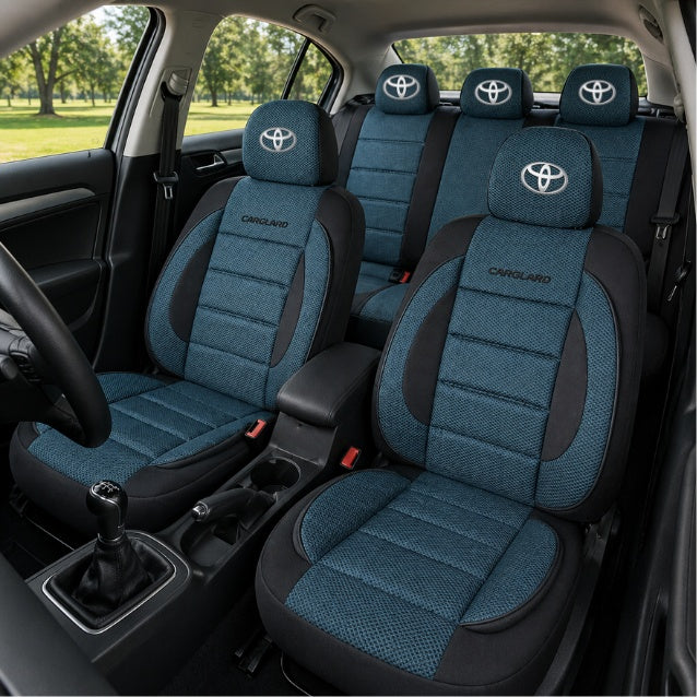 Set Huse Scaune Universale Premium Carguard Personalizate cu Toyota – Negru/Albastru